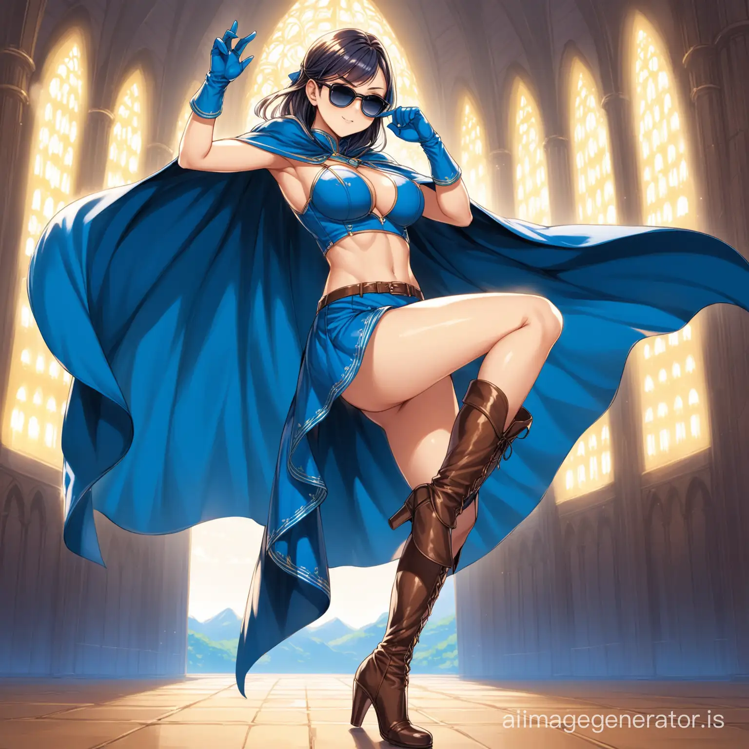 hot anime girl in a godly and sexy blue croptop, blue formal skirt wearing a pair of gloves, a pair of tall leather heeled boots, a cape reaching her legs and a pair of shades
she gives a cute pose