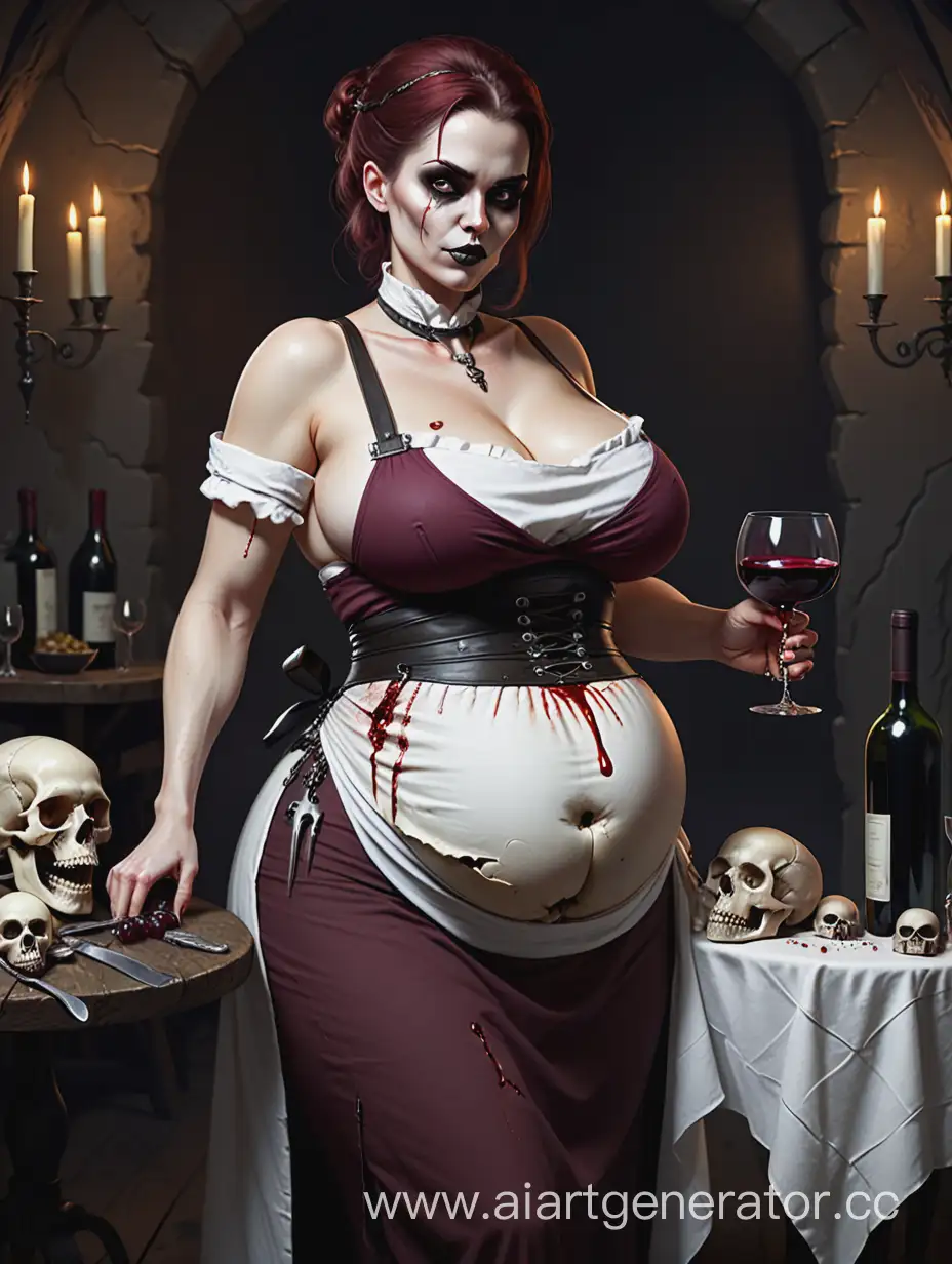 Dominant-Mistress-with-Wine-and-Dagger-Surrounded-by-Skull-and-Bones