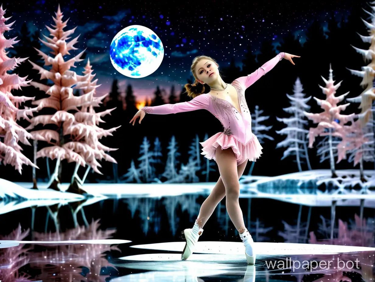 Yulia Lipnitskaya, a 15-year-old figure skater, in a magnificent pink sports bodysuit on the shimmering ice of a winter lake in a snowy forest under the starry sky with a bright moon Baroque romanticism