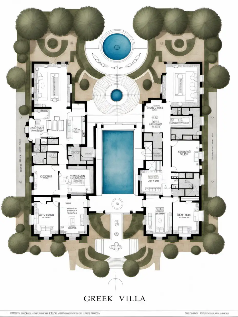 An architectural floor plan of a greek villa, based on a Greek temple, plan, layout of luxurious villa, featuring opulent interiors, bathhouses, courtyards, spa, expansive common spaces, drawing, architectural drawing, crisp, high quality, high res