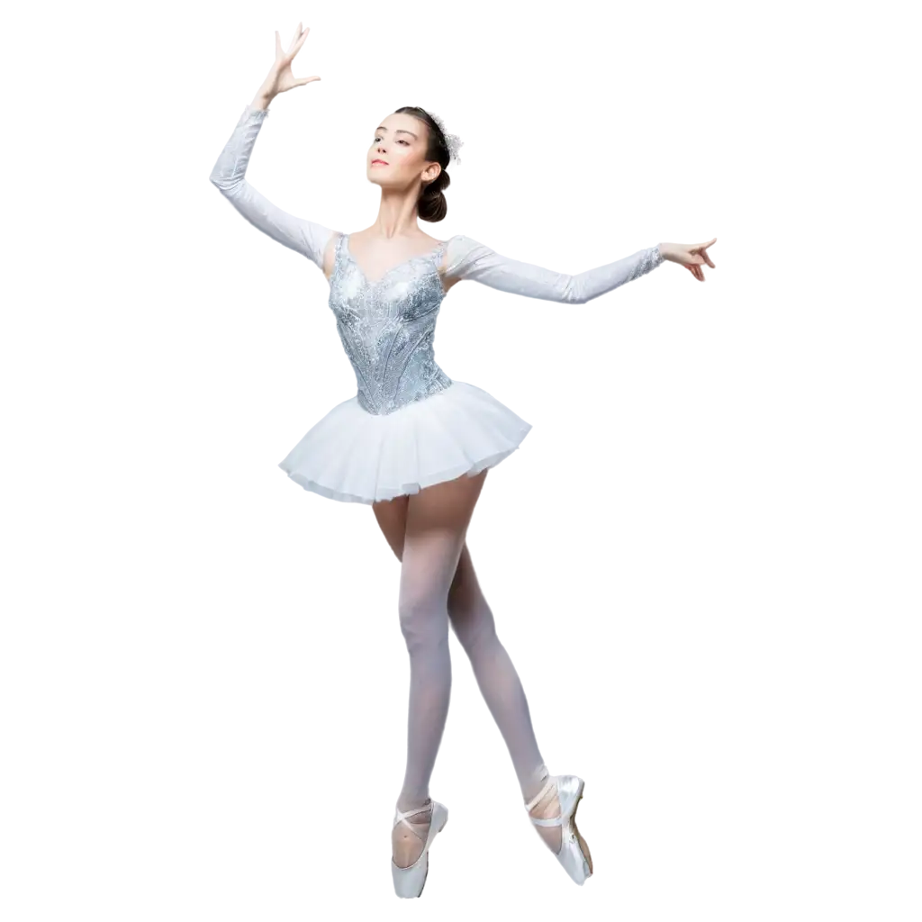 On a pure white background, a robot dressed in a ballet group is dancing ballet, panoramic view, full body photo