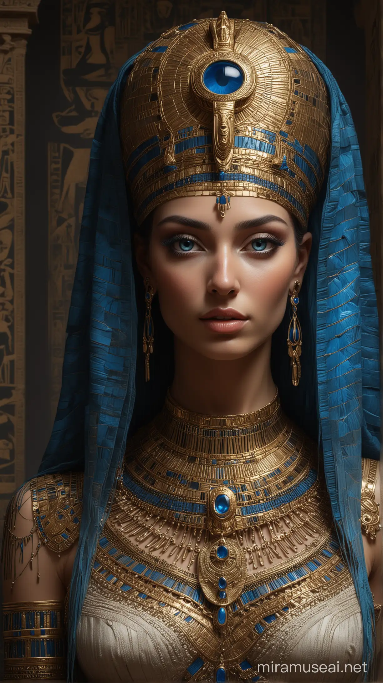 Imagine the naked Egyptian goddess Isis depicted in her natural form, adorned with captivating blue eyes that radiate lifelike intensity. Surrounding her is an aura filled with an enigmatic charm, drawing observers into the depths of her ancient mystique. Against a backdrop of deep and mysterious shades reminiscent of Egypt's hidden lore, Isis stands poised and powerful. Her intricately detailed robes exude a sense of dark sophistication, while ornate ornaments adorning her hair evoke a haunting beauty. The interplay of light and shadow casts a dramatic contrast, elevating her divine presence with an aura of solemnity and reverence.