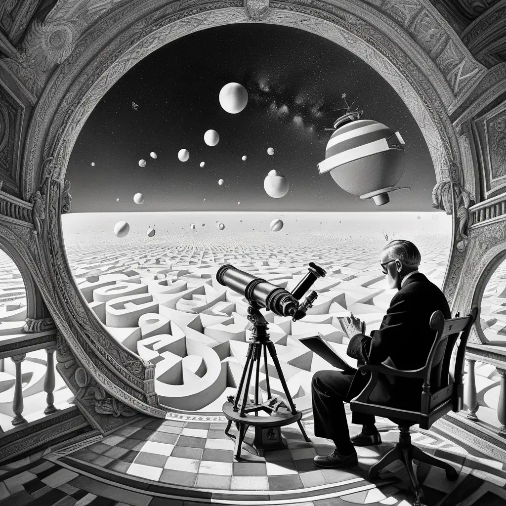 a man is sitting near a telescope , the teleprompter is directed to the entrance to the sky5d contour, surrealism of Mauritz Cornelis Escher, beautifully colored, crazy details, intricate details, beautifully colored, cinematic, Color correction, high-class editor Cornelis Escher, full of numbers, mathematical symbols, well-groomed, dark, in various black tones and white, and primary colors, Surreal landscape, and elegant conceptual environment, Surrealism is beautifully colored, crazy details, intricate details, beautifully colored, cinematic, color correction, high-end editor