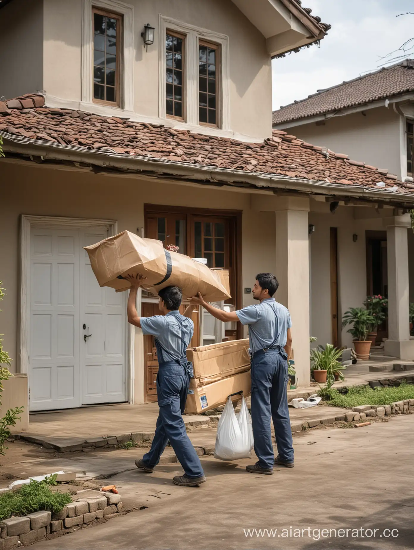 Satisfied-Customers-Watching-Workers-Load-Items-into-Car-Outside-Beautiful-House