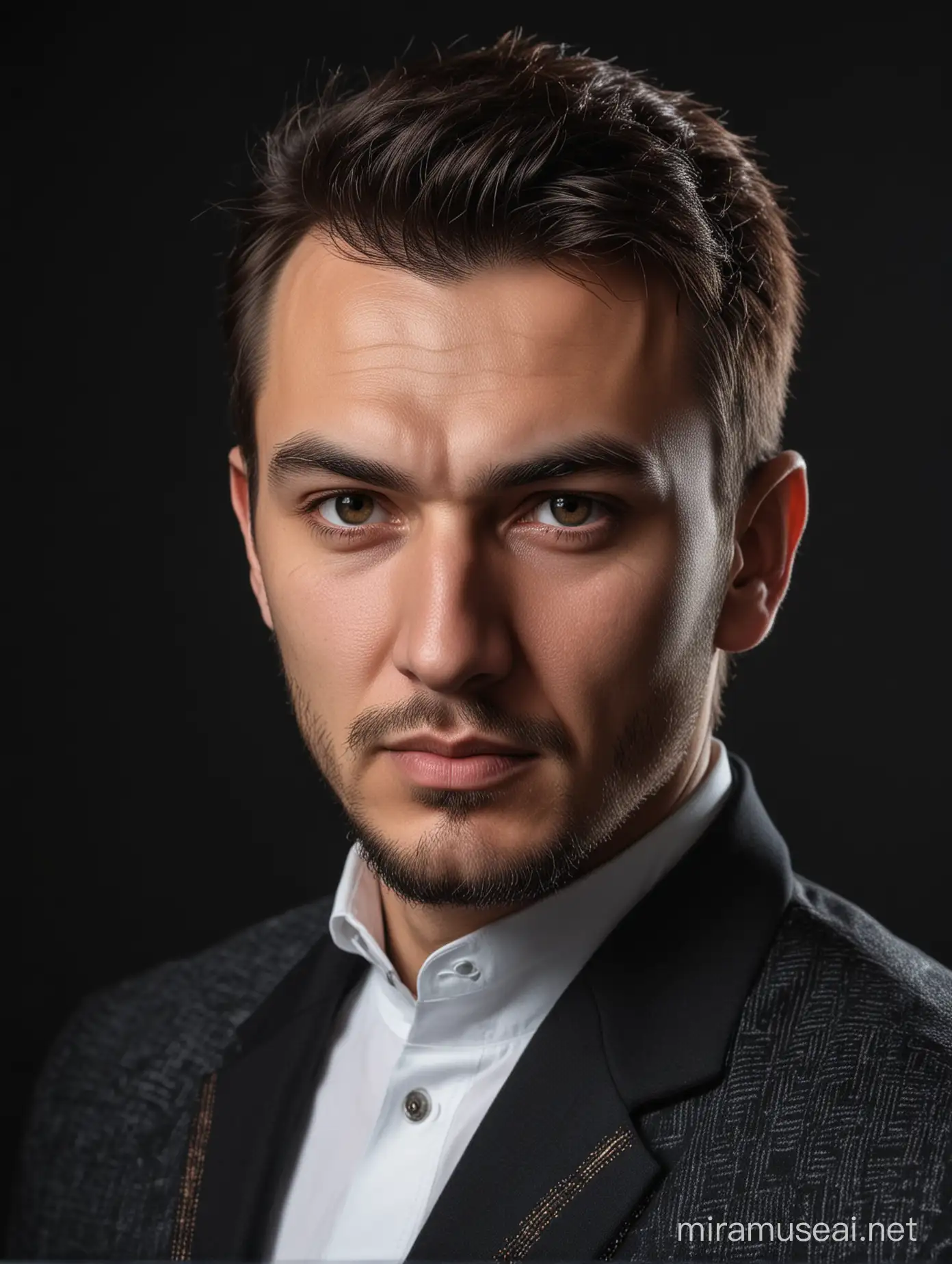 Tatar Man in Jacket and White Shirt on Black Background
