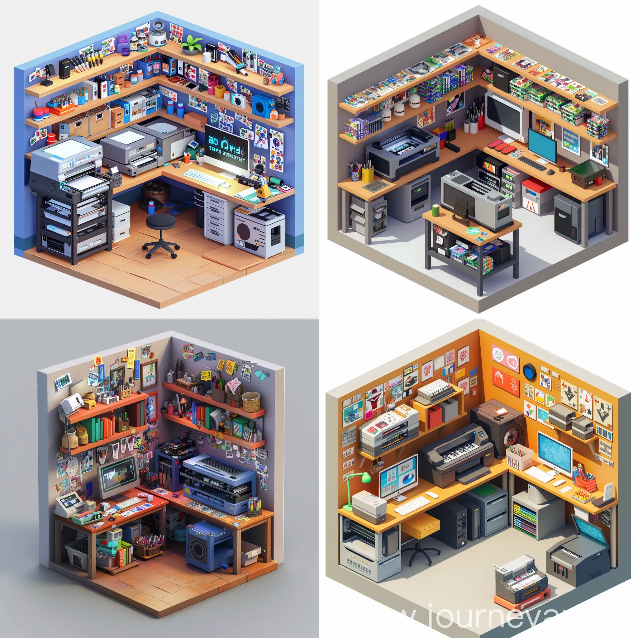 small, cluttered, colorful, sticker workshop, printers on bench, shelves with full of stickers, decorative stuff, desk with computer for artist. isometric ,3d, game style on blank background. The model should be appropriate with a cube shape, quality in 4k