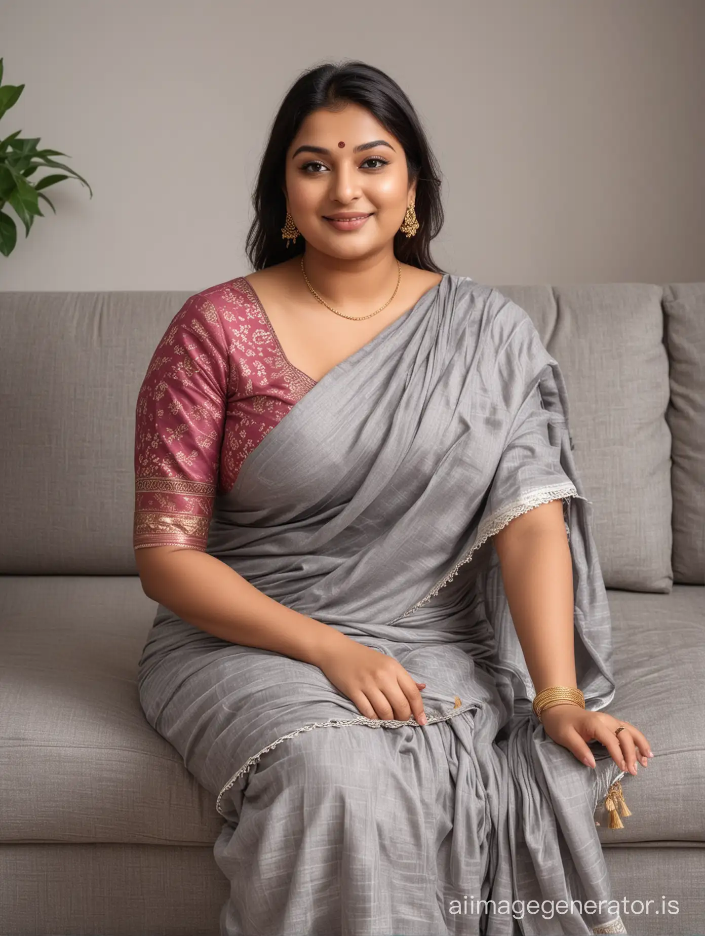 Relaxed-Indian-Plus-Size-Women-in-Casual-Saree-Lounge-on-Sofa