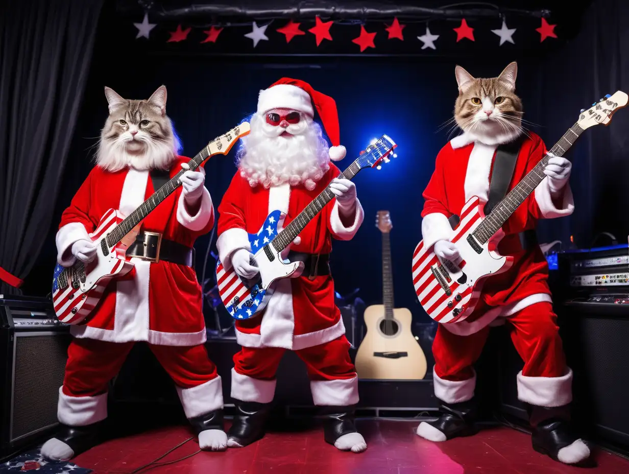 3 cats playing stars and stripes guitars wearing 
Santa Claus costumes on a night club stage