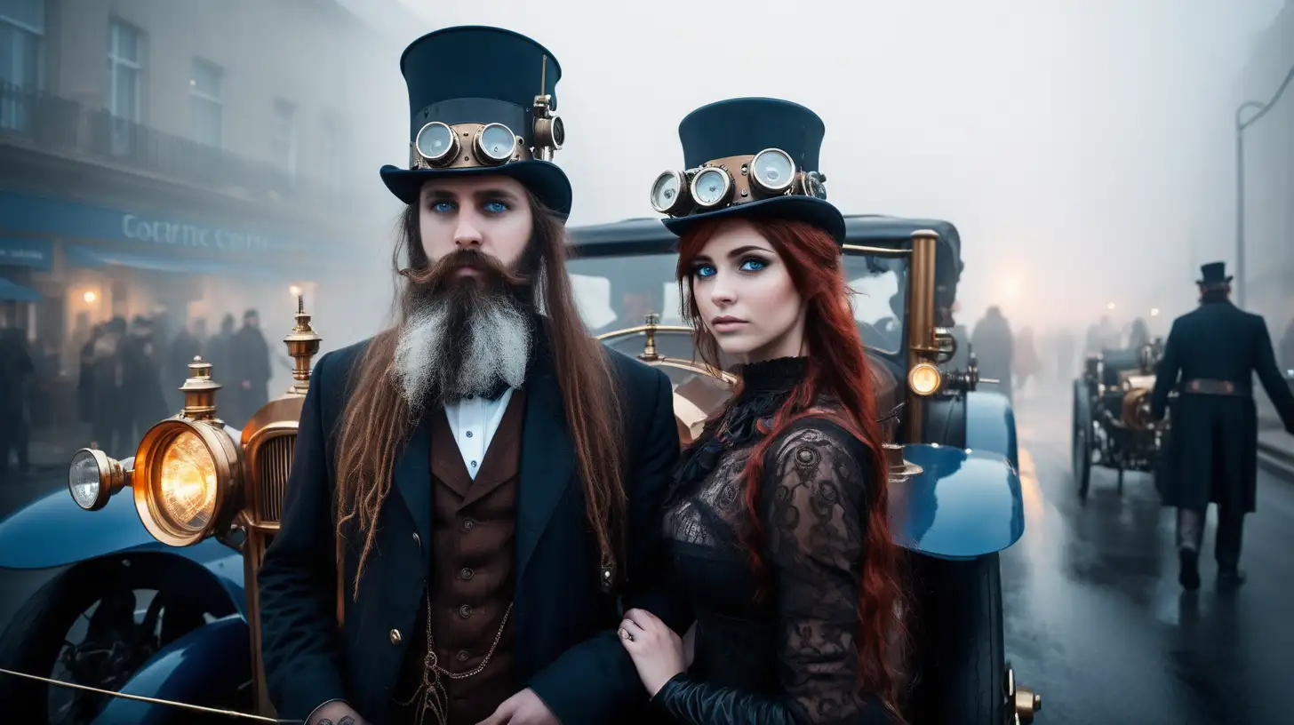 steampunk, cars, man, girls blue eyes,  long beard, traffic, street, people, fog, soft lights,