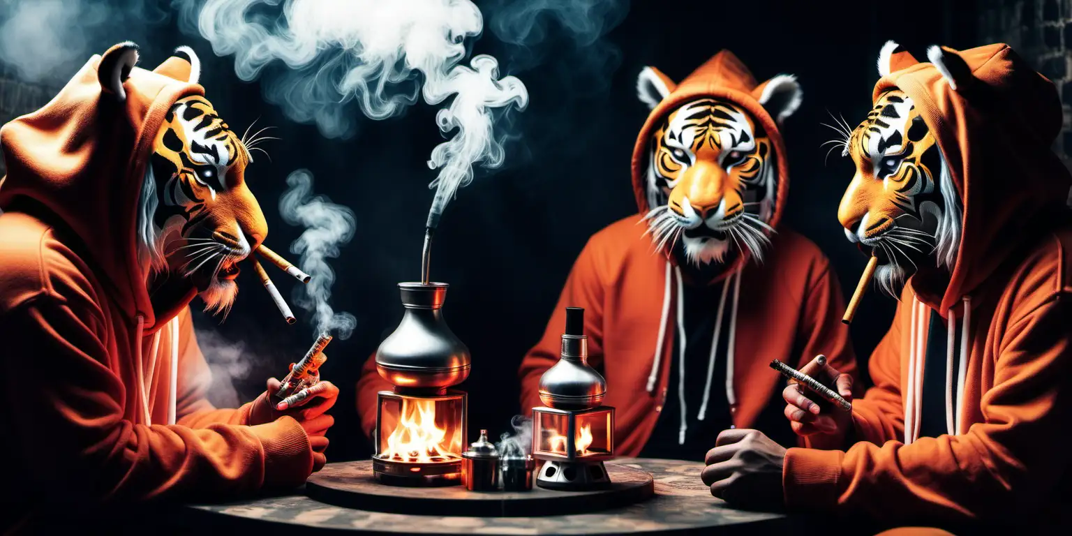 three tigers smoking three hookahs with hoodies in cozy place with smoky atmosphere