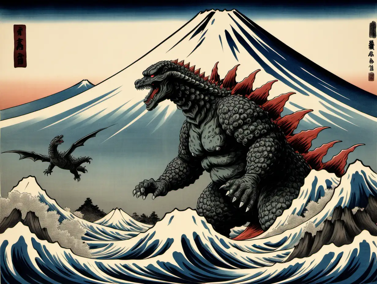 Godzilla at Mount Fuji,  style is a 18th century Japanese ukiyo print, in a simple dramatic style