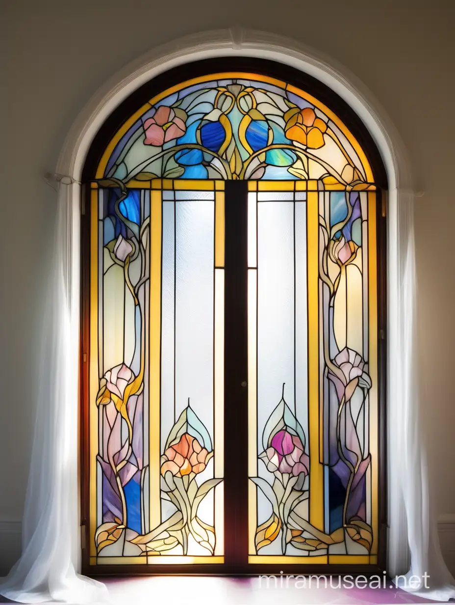 Art Nouveau Stained Glass Floral Ornament on Door with Organza Curtains