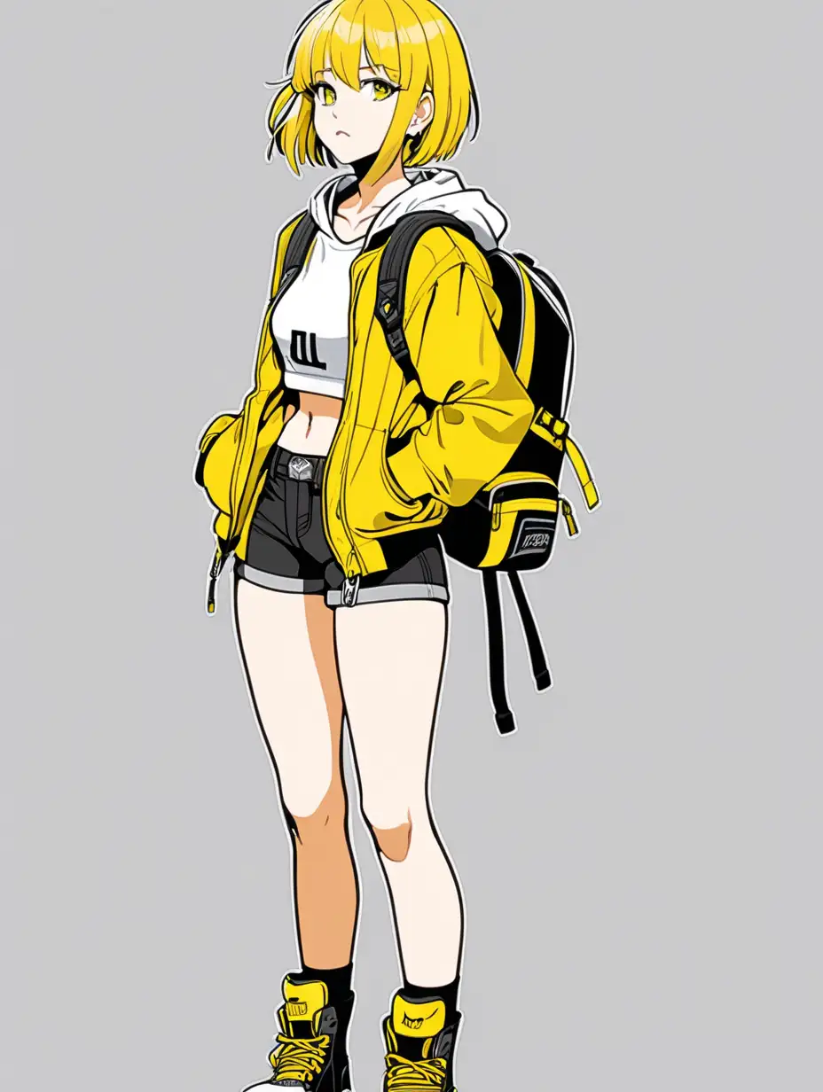 Anime Woman Hero in Yellow Jacket and Black Shorts with Backpack