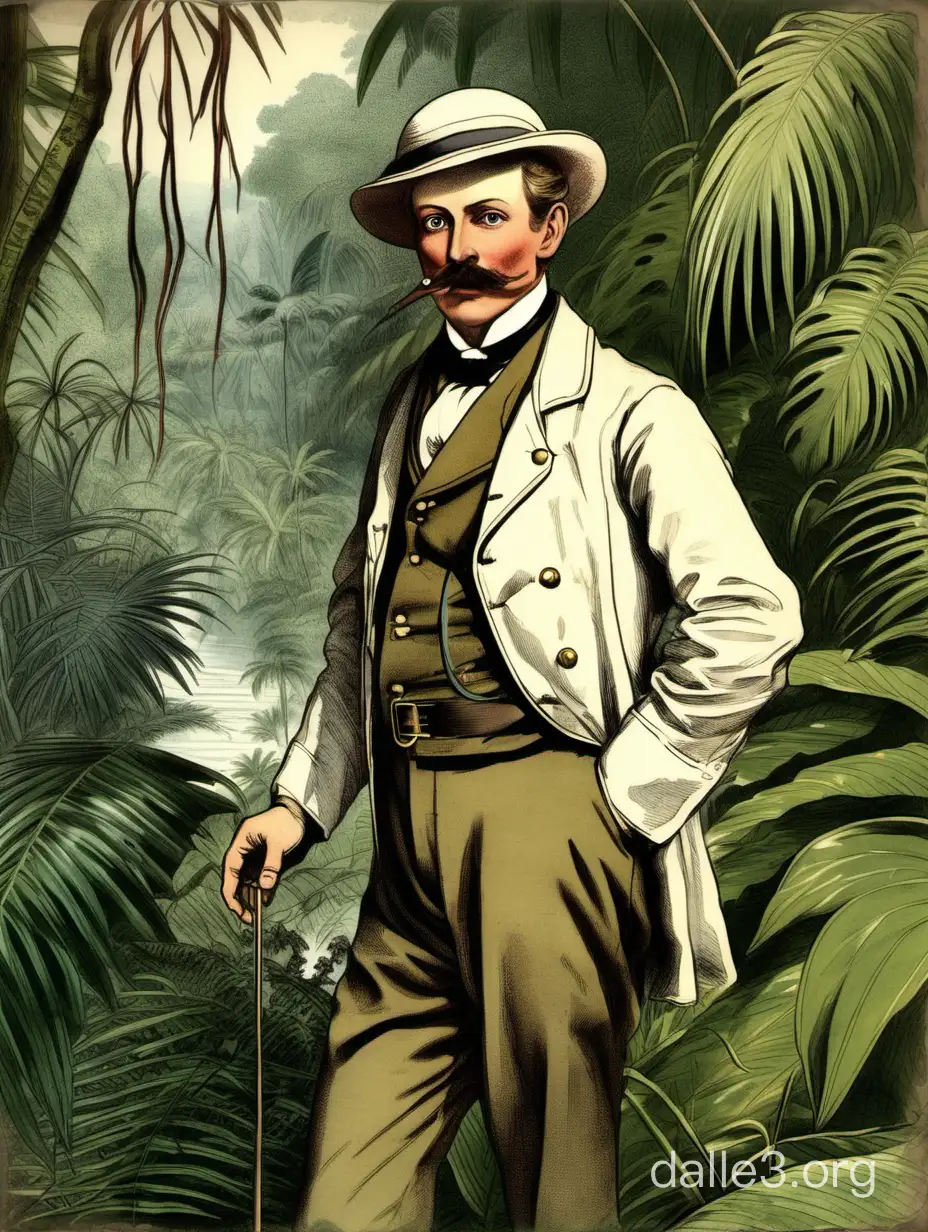 An aristocratic British explorer wearing a monocle and a pith helmet in the 19th century, in the middle of the jungle.