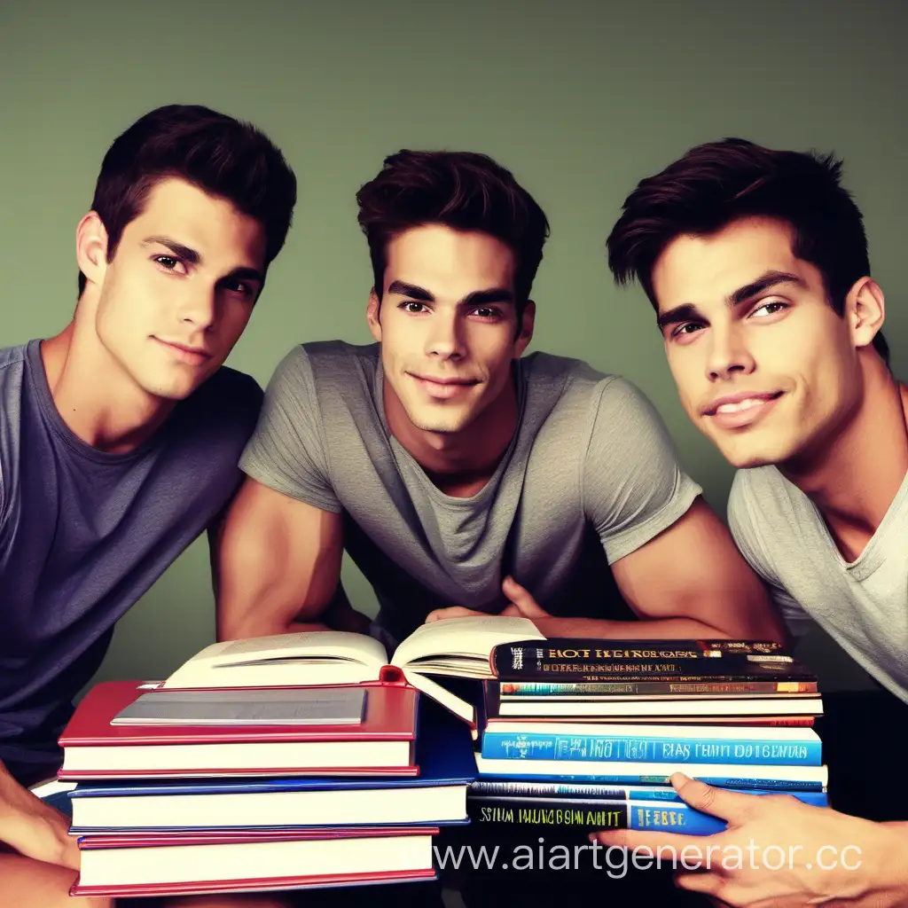Three-Attractive-Men-Studying-with-Ninth-Grade-Textbooks