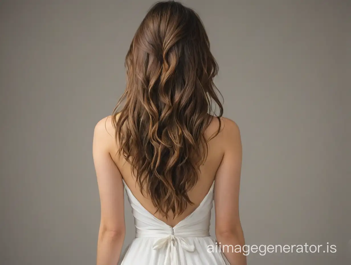  woman's back hair and long hair back side camera just a little face we can see
with white dress 
