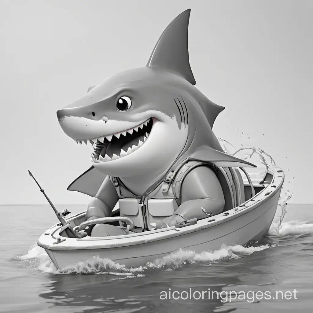 shark-man in boat, Coloring Page, black and white, line art, white background, Simplicity, Ample White Space. The background of the coloring page is plain white to make it easy for young children to color within the lines. The outlines of all the subjects are easy to distinguish, making it simple for kids to color without too much difficulty