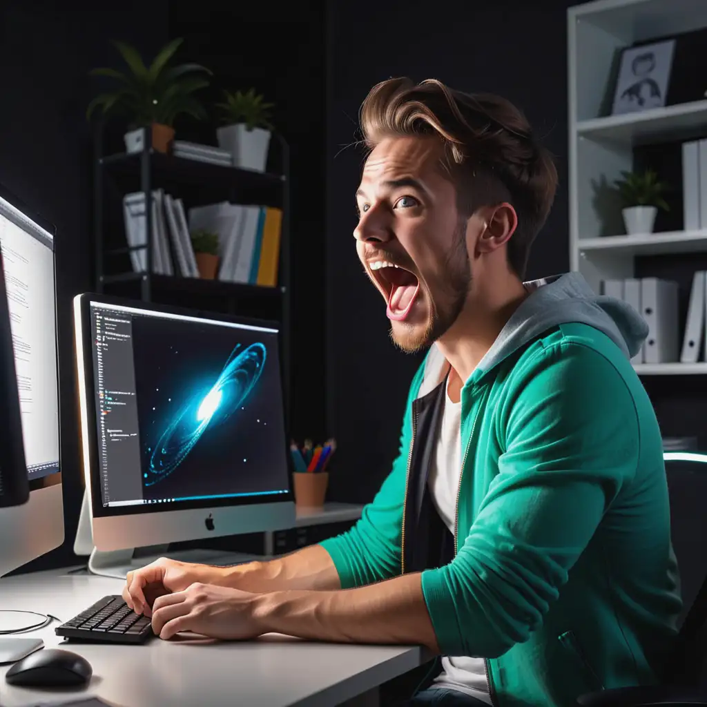 Excited Graphic Designer Working Late in Dark Office