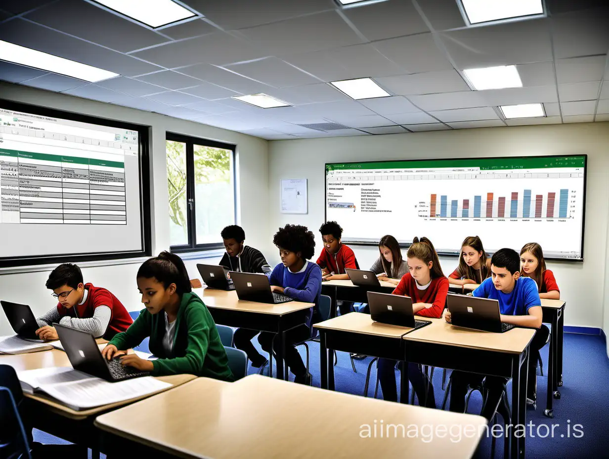 Generate a realistic image of a well-lit classroom where a diverse group of students aged 30 and above is focused and engaged in learning Microsoft Excel. Capture the scene as they interact with spreadsheets on their laptops, sharing ideas and collaboratively solving challenges. Ensure to depict the educational and professional atmosphere, highlighting the concentration and determination of the students to master Excel skills in this dynamic learning environment.