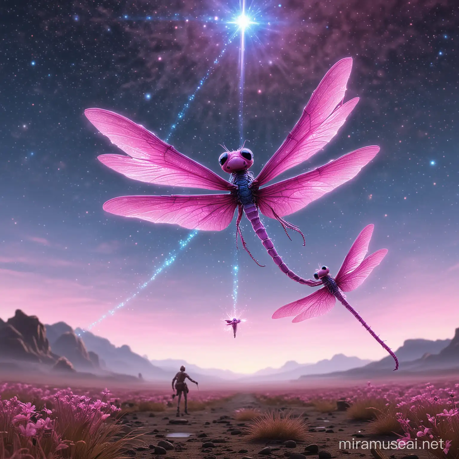 pink Alien dragon fly that has blue stars shooting behind it with a personal in the distance trying to catch up to it
