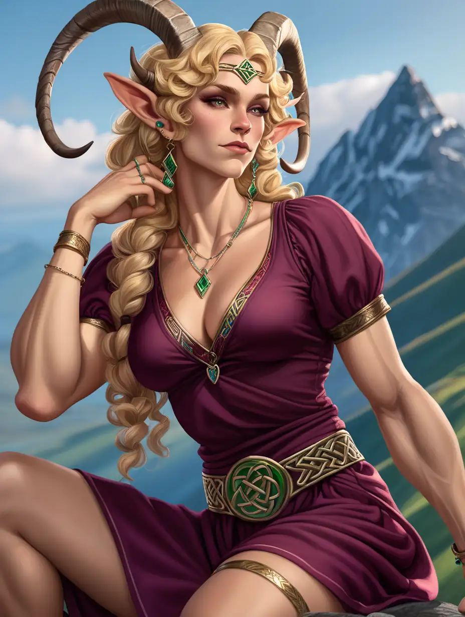 the blonde strong muscle mommie  faungirl  sits on a mountain side looking out the horizon  . Her short curled goat horns and long faun ears clearly display her celtic Fey heritage.  She wears a burgundy blouse with a deep v neckline and brightly colored cincher around her midsection.  Golden jewelry glitters on her
