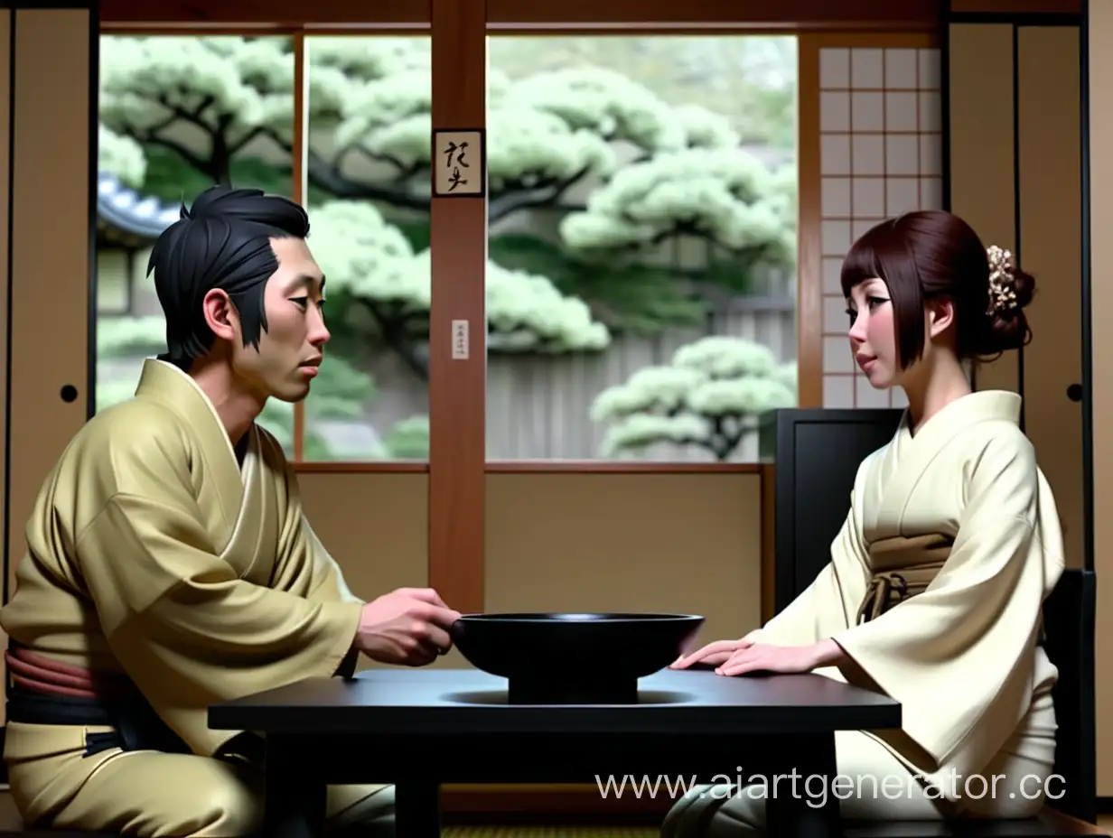 японский мужчина и женщина сидят за столом

