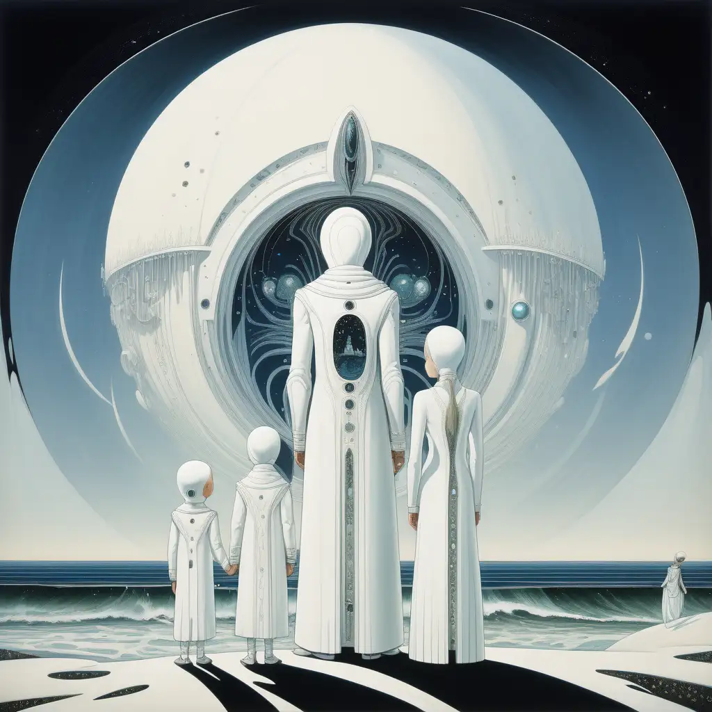 futuristic painting in kay nielsen style of a family in white clothings watching the ocean