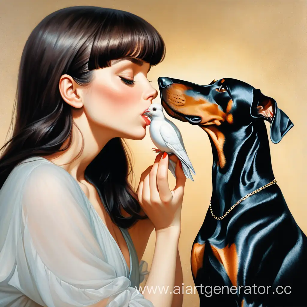 Affectionate-Moment-Anna-Kissing-a-Dove-with-Her-Doberman