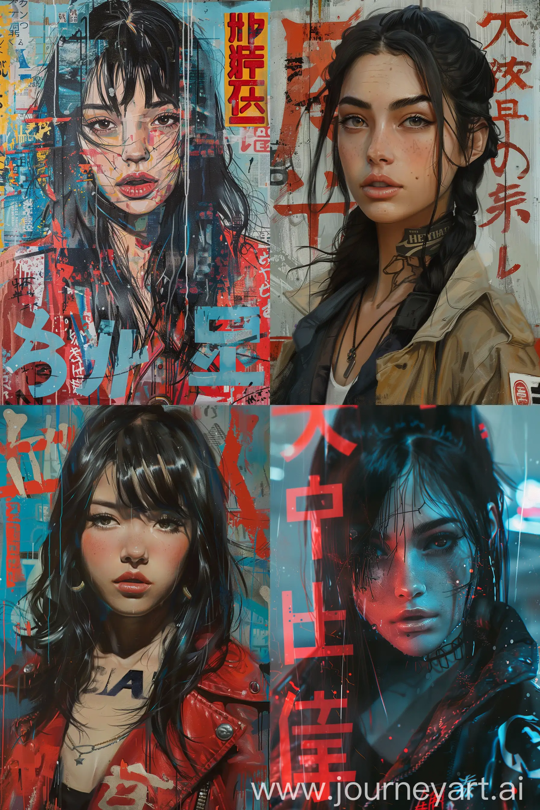 large superimposed Japanese letters::2 close-up portrait of a beautiful woman with long black hair, wearing a plastic red jacket, in cyberpunk style, with a light blue background --ar 2:3