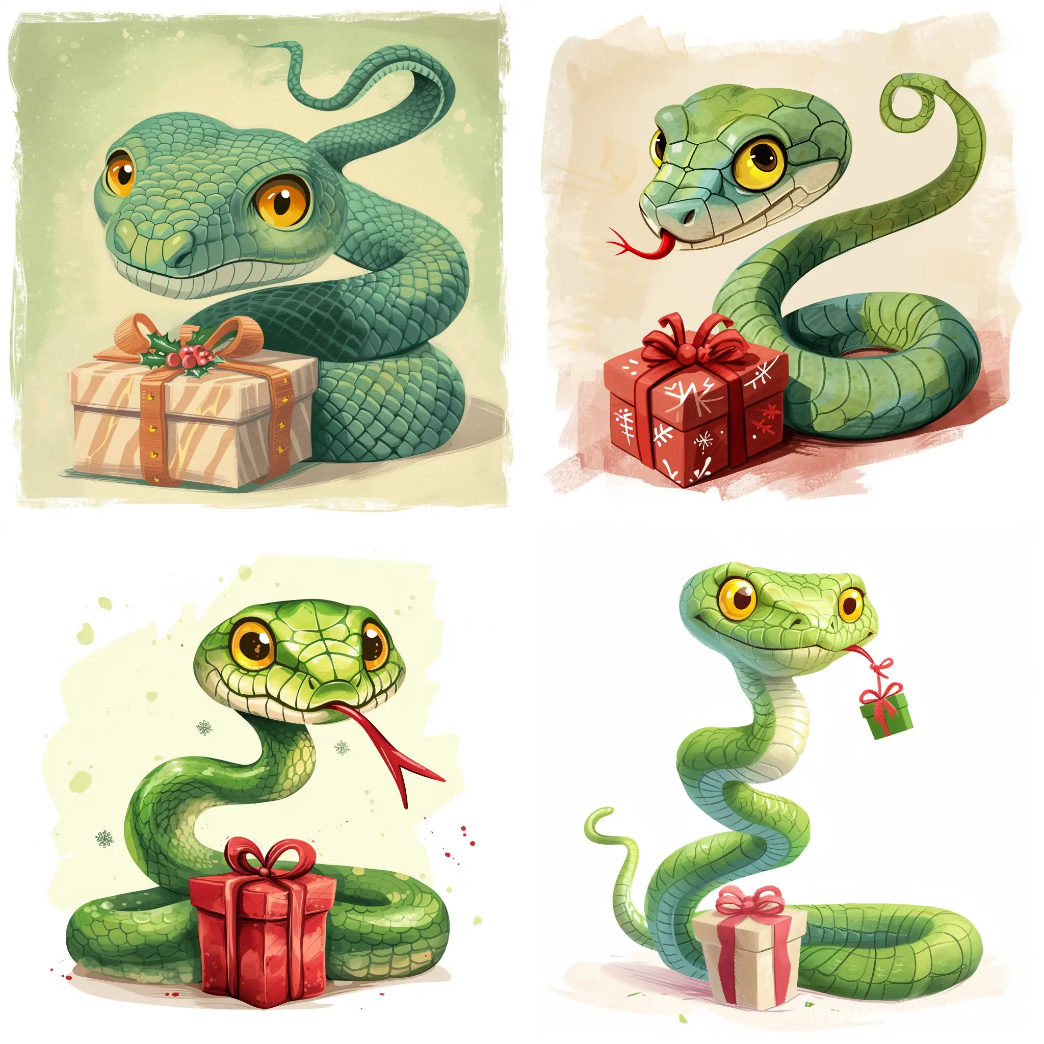 cute green snake yellow eyes with christmas gift in its tail illustration pastel, in cartoon style