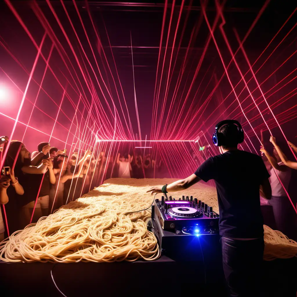 Dj playing music on a party with lasers and 10 humans made from noodles