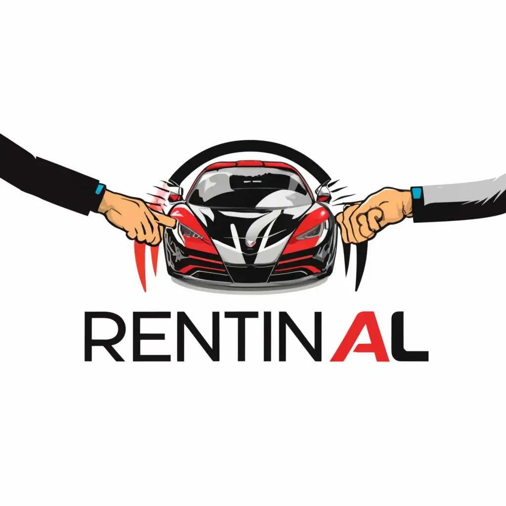 a logo design,with the text "RentIn Al", main symbol:Supercar, shaking hands, black and red,complex,be used in Automotive industry,clear background