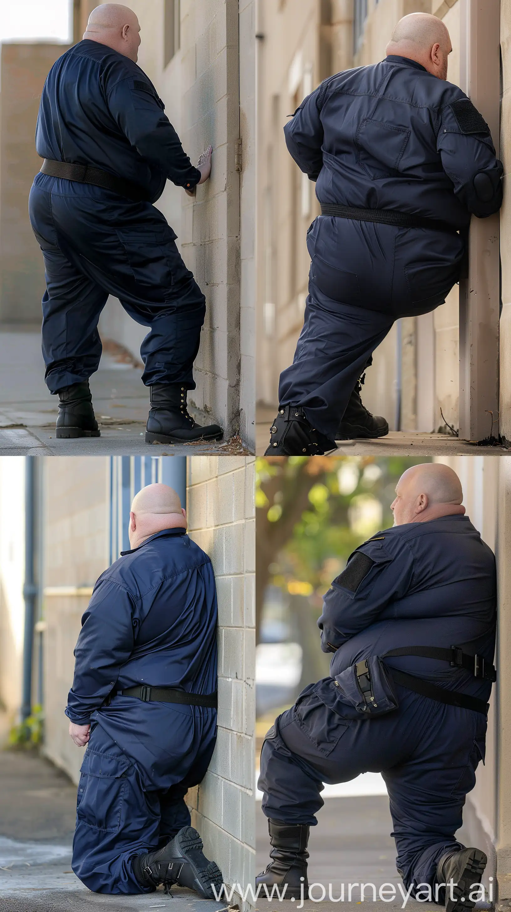 Close-up full body back view photo of a fat man aged 60. The man is wearing silk tight navy battle coverall tucked in black tactical boots and a black tactical belt. Leaning against a wall. Outside. Bald. Clean Shaven. Natural light. --ar 9:16