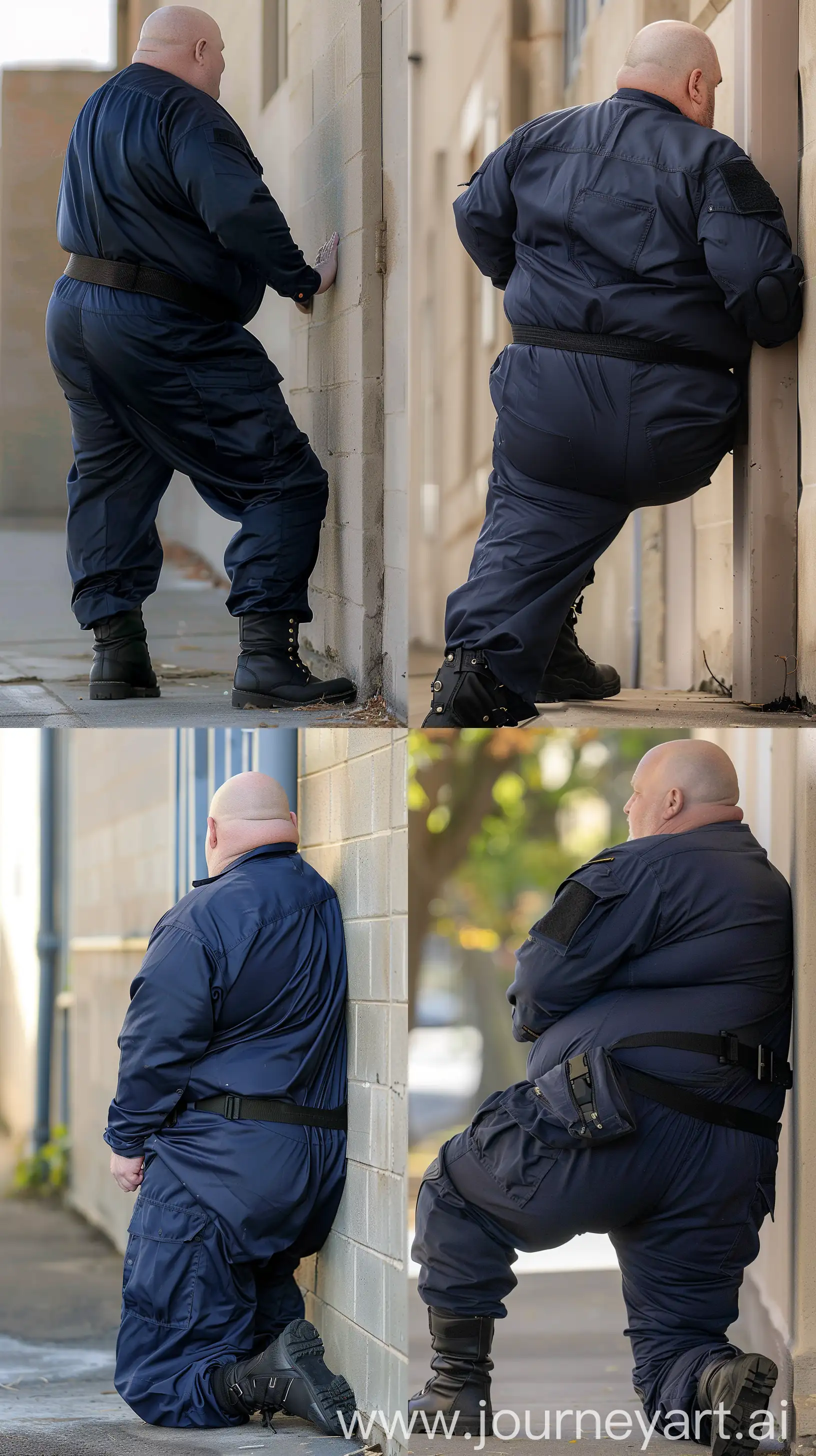 Mature-Man-in-Stylish-Navy-Coverall-Leaning-Against-Wall-Outdoors