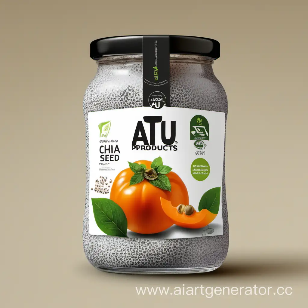Упаковка для кефира с семенами чиа и хурмой. Название продукта "ATU products". 250мл стеклянная баночка.