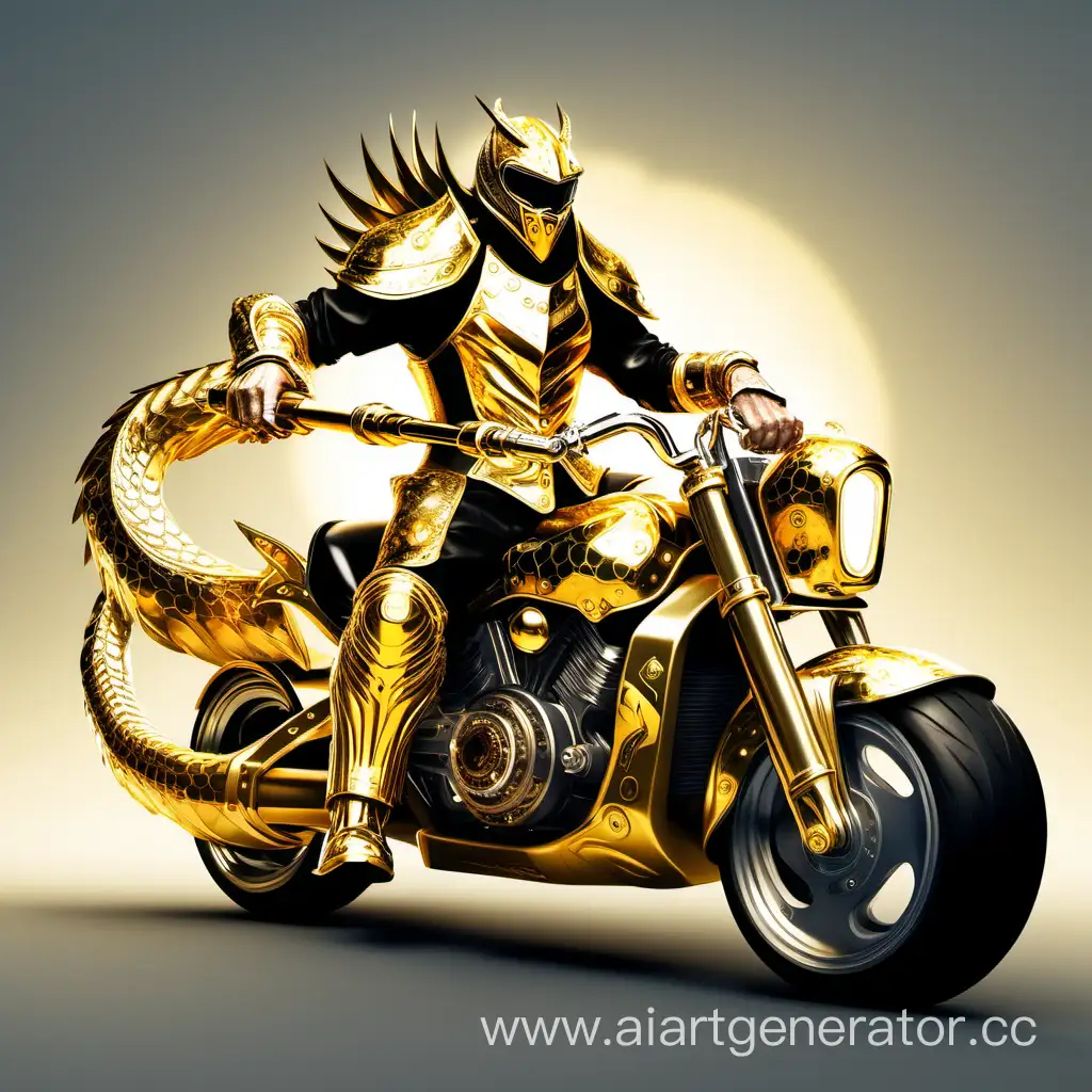 Золотой байкер в золотом одеже и в шлеме виде дракона на  богатом мотоцикле в одной руке он держит золотое оружие с брильянтами