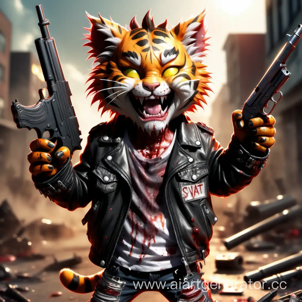 Тигровый добрый пушистый улыбающейся котенок, с когтями на руках, в крови с пистолетом, кожаной куртке, с большими шипами, надпись на куртке «SvaT», фон зомби апокалипсис, светит солнце, реалистично, красиво