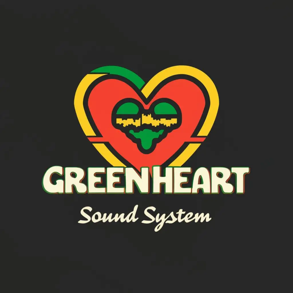 logo, reggae flag, rastafari colors, music, green heart, with the text "Green Heart Sound System", typography, be used in Entertainment industry
