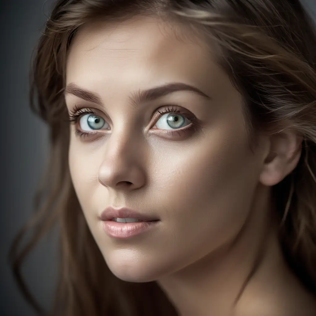 Portrait Photography, A highly detailed close-up of a content woman looking left, with prominent, bright eyes that sparkle with sharpness and contrast against a subtle background, Her skin is flawlessly smooth, An award-winning capture that accentuates her eye color vividly, Use an 85mm lens with ISO 400 for a pinpoint focus on her distinct facial characteristics, Time value set at 1/500 and focal aperture at f/1. 8 to bring her eyes and hair into striking relief with a narrow depth of field, aiming for a very realistic and high-resolution image