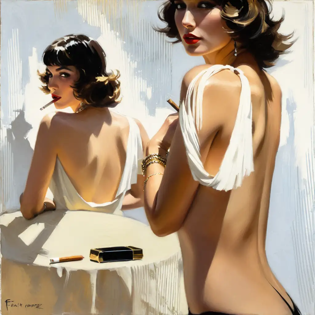 Very authentic painting by fabian perez of a beautiful, very attractive, sexy , mixed flapper girl , an eton crop hairstyle , skimpy backless , strapless little black dress , bangles , smokes a cigarette from a long holder, period of 1926 , full body view , fine detail, hd, 4k, definition, texture, perfect detail, perfect body, hyperrealism, trending on artstation , thick layers of colors , visible flat brushstrokes, palette knife, light leaks, dark night background, night scene