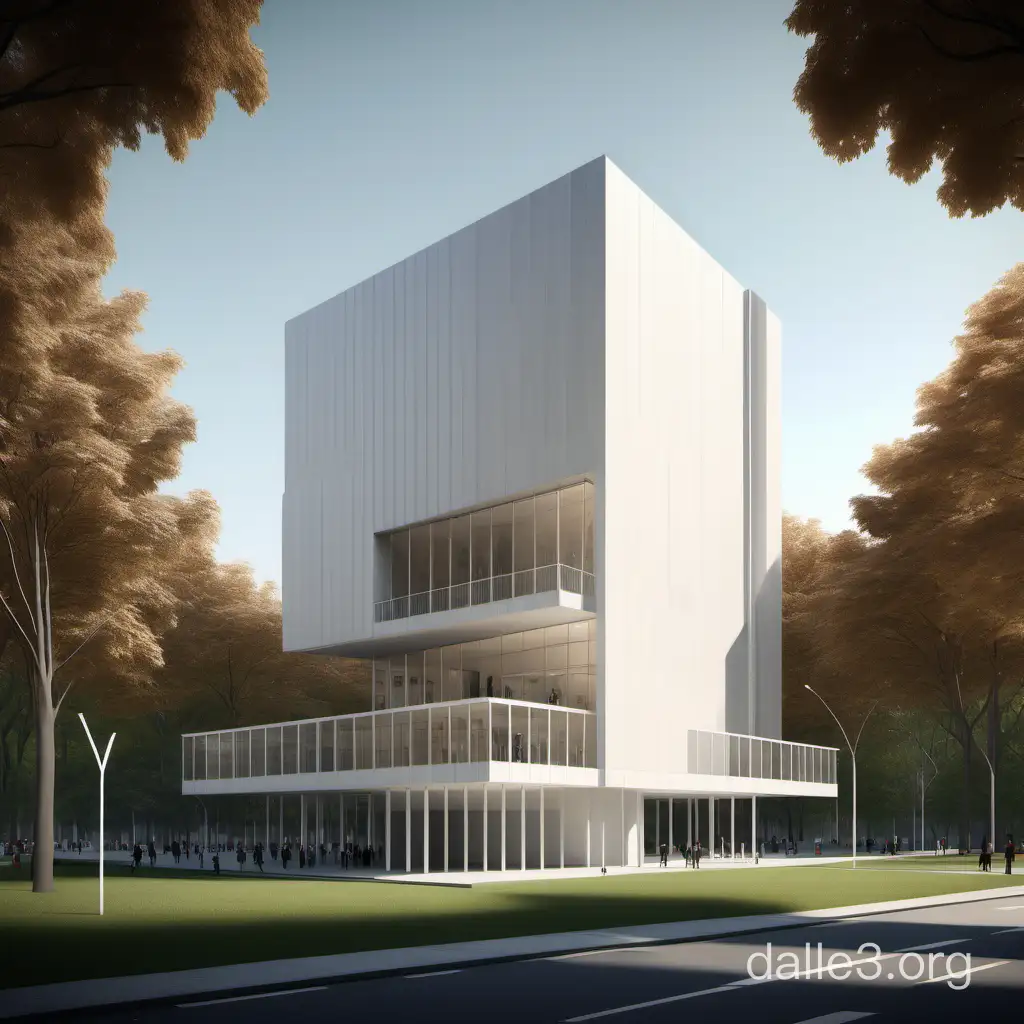 a small building of 2 floors, the building stands above the ground on thin columns, the Museum of modern art, digital realistic rendering, the architecture of the facade is avant-garde and smooth lines, the background is a park and trees