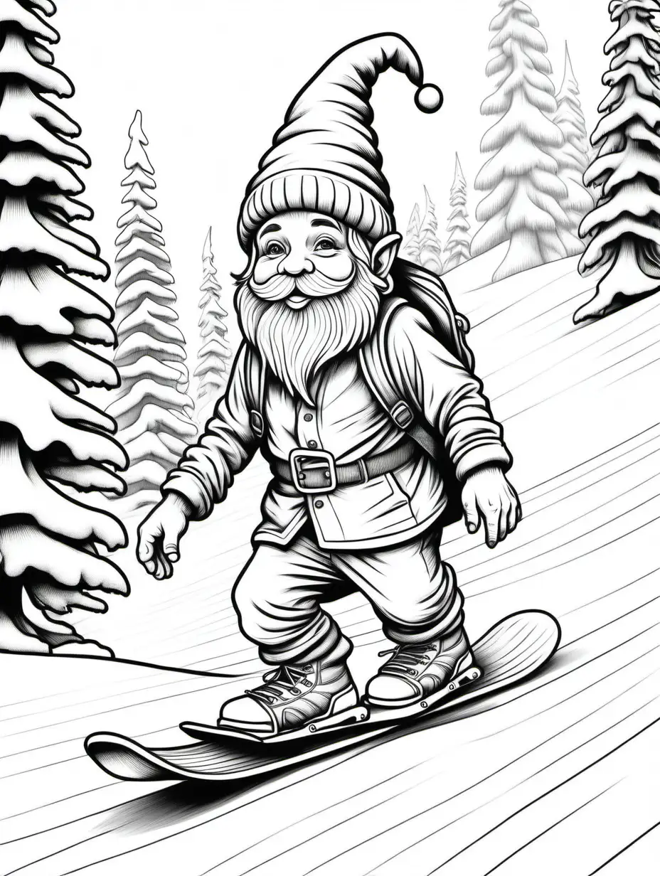 coloring page for adults, gnome walking in snowboarding, thick lines, low detail, no shading,