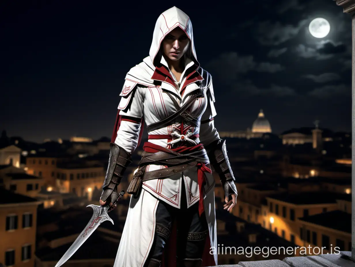 Female Ezio Auditore in Rome, at night, on a roof top in the year 1785 holding a dagger. His clothing is white with black highlights