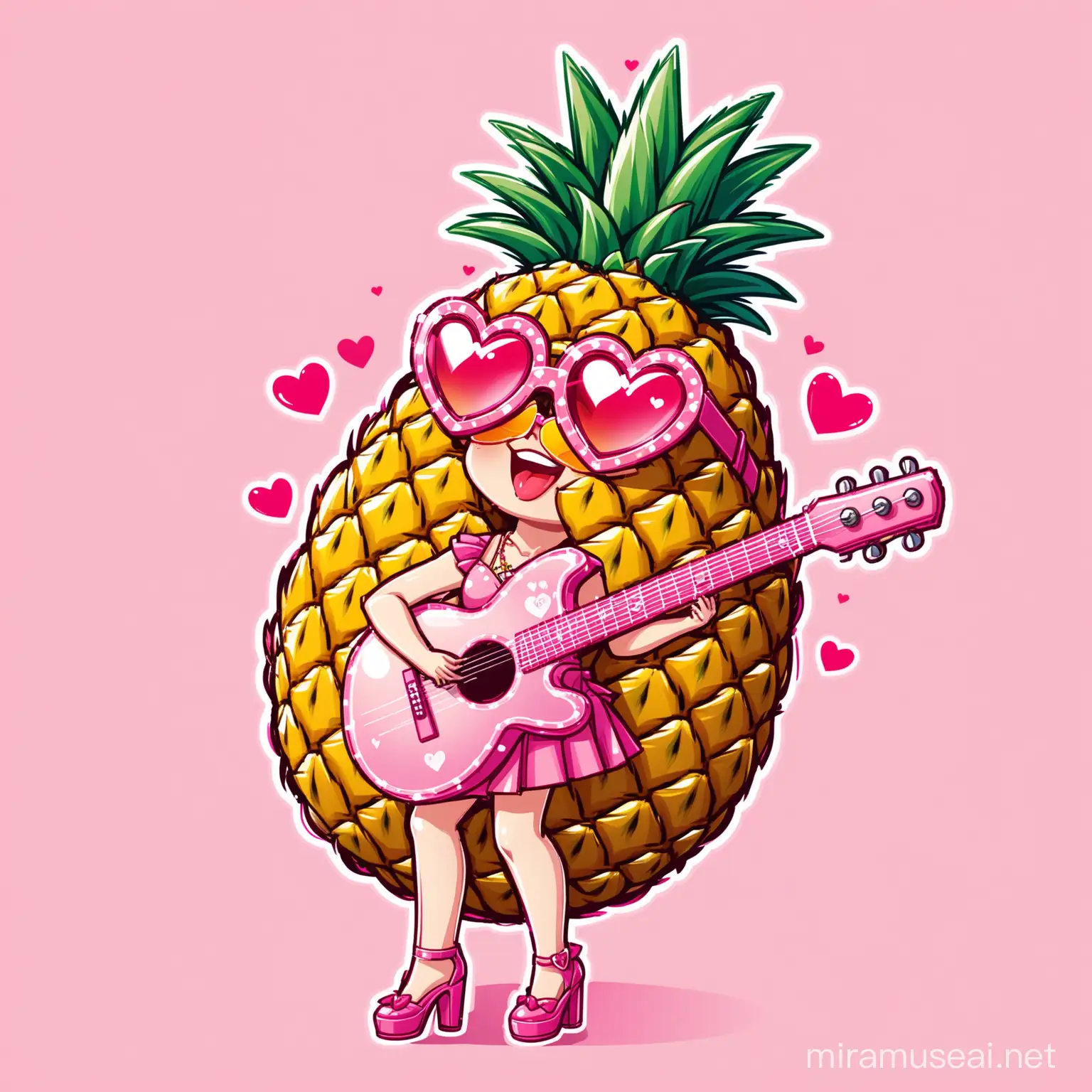 A logo of a pineapple wearing heart shaped glasses a pink skirt and pink heels and a pineapple shaped guitar