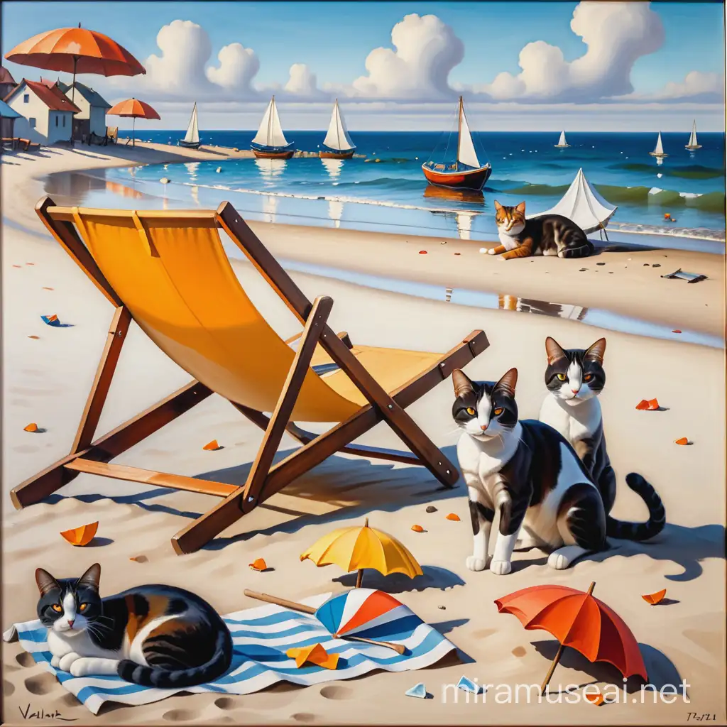  surrealismo     ,  Constructivismo bodegon Vladímir Tatlin    ,   primer  plano reflejados ,    sobre la orilla de la playa entre la reposera rotas y sombrillas caidas  tres  de gatos  amontonados  en situacion de calle  fondo de mar .  contorsionados    ,  oil painting technique,   , Spatula technique