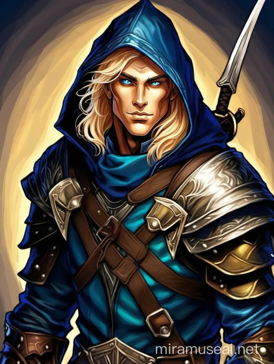 A portrait of a Dungeons and Dragons male, elf rogue. Golden, blond hair. Olive skin, blue eyes. Wearing a leather armor, a hood. With two swords sheathed on his back. In the style of a digital painting.