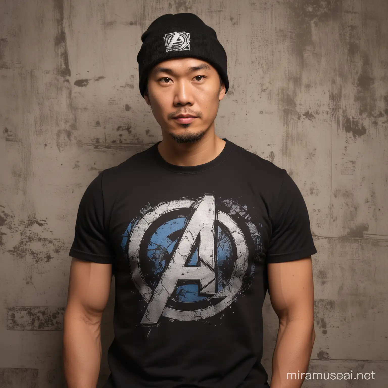Asian Man in Avengers TShirt and Beanie Against Wall
