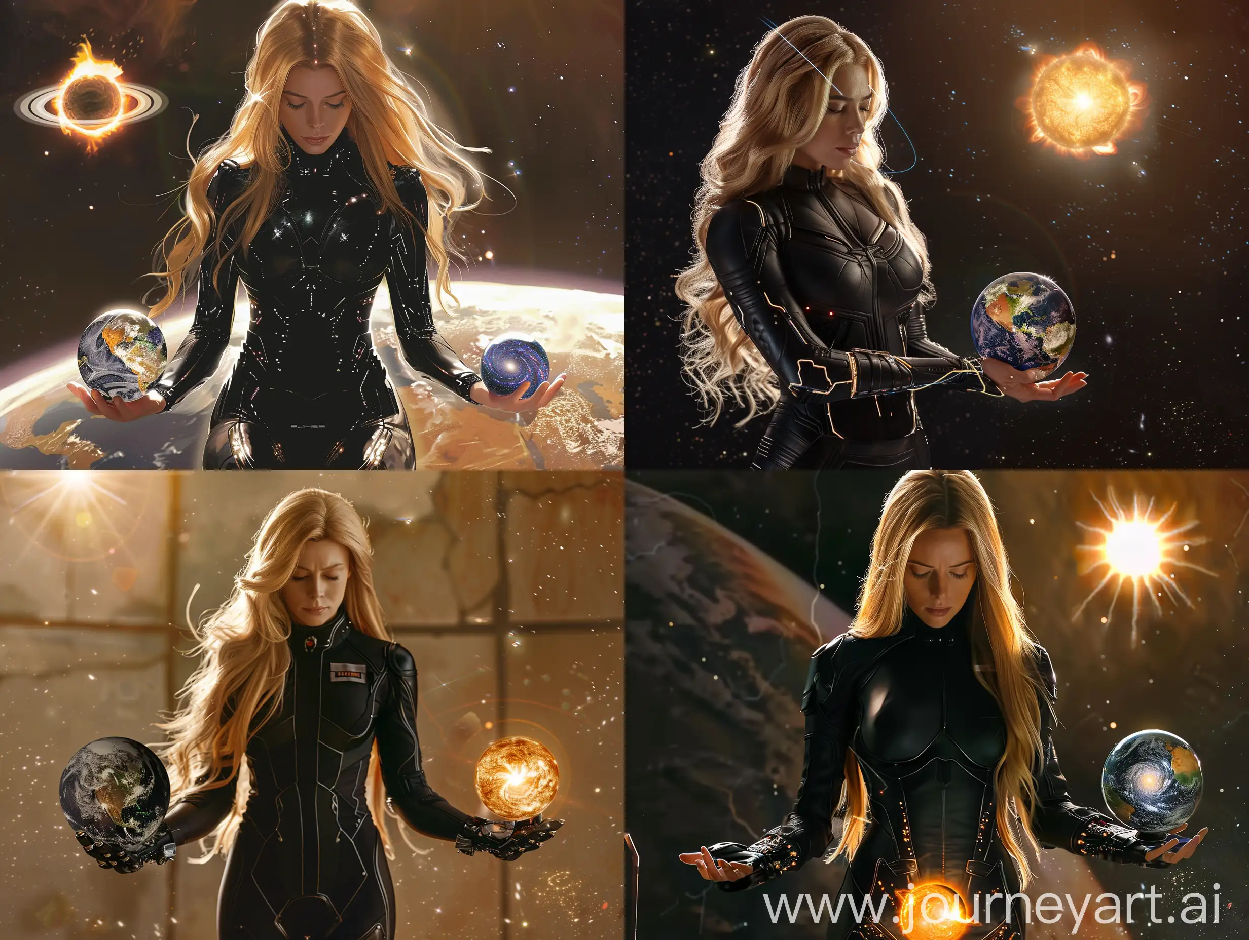 Scarlett Johansson with long blonde hair, in a size 85 open chest black spacesuit, a completely cybernetic or cyborg body, from a few billion years in the future, with a globe, a sun globe and a real galaxy in her hands watching it, with  8k quality, from the hips up with a beautiful bodybuilding body, from the front view of the body