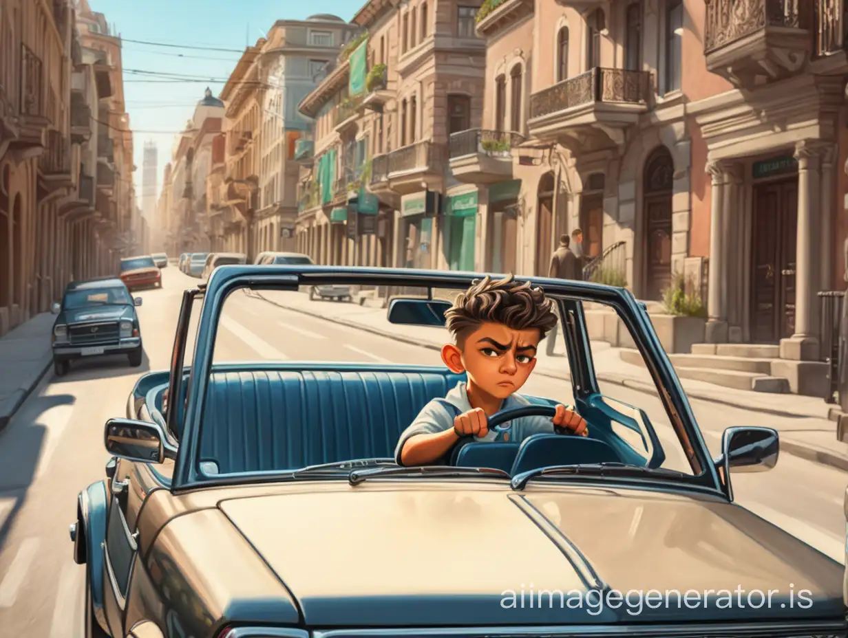 a boy is driving the car in beautiful  streets of the city and city gangsters are watching him