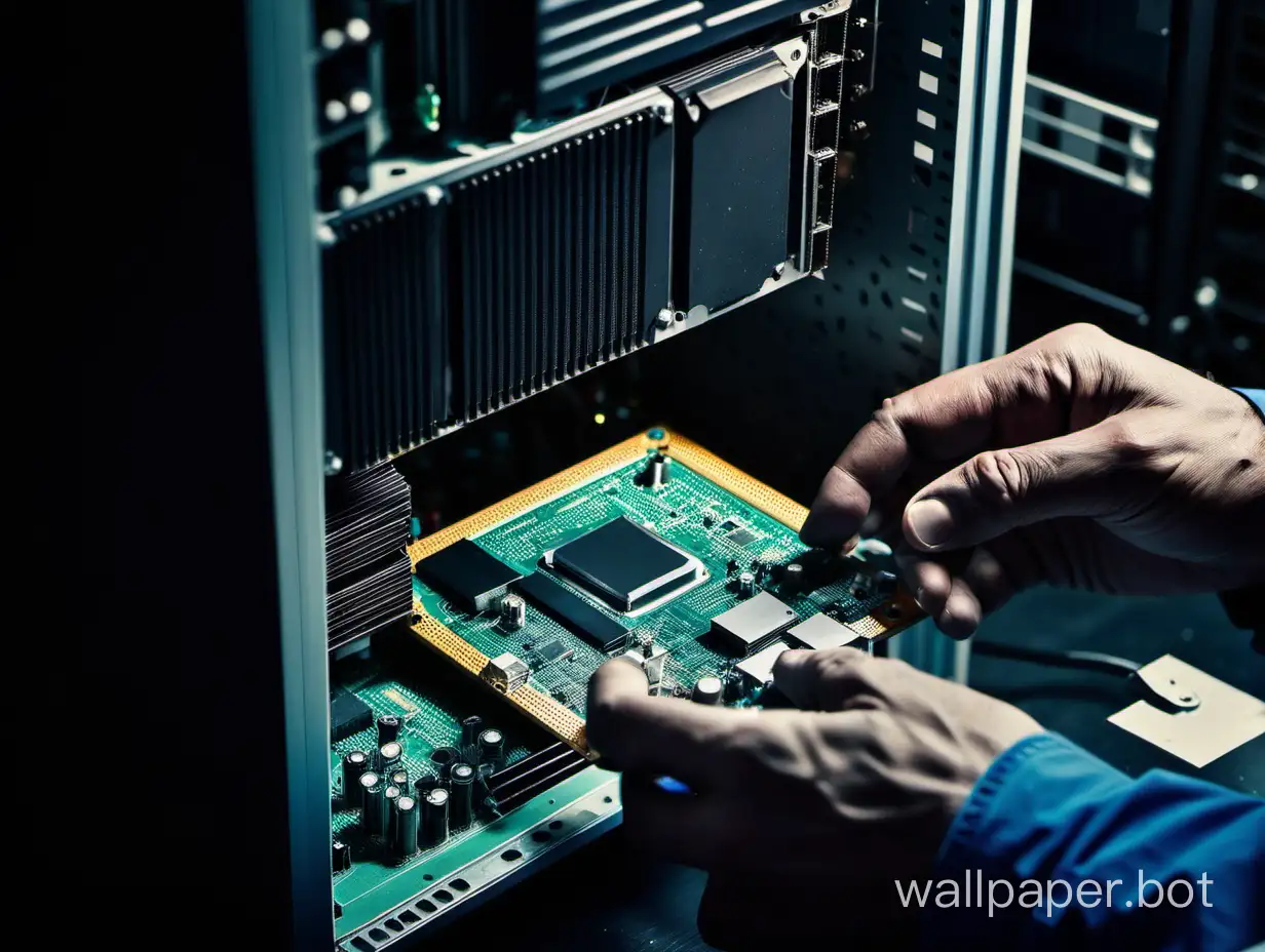 Computer repairman installing a new drive into a computer in his workshop, close up view, dark office environment